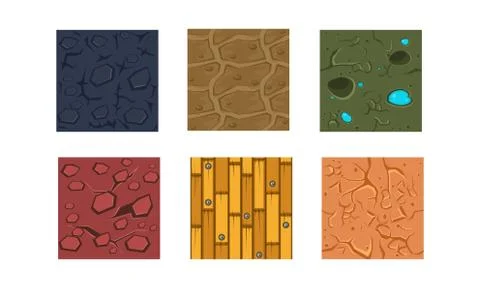 Flat vector set of 6 textures and materials for mobile game. Wood, dry soil Stock Illustration