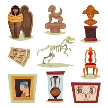 Flat vector set of 9 different museum objects. Ancient exhibits, tickets Stock Illustration