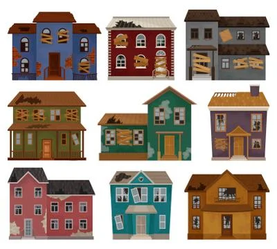 Flat vector set of abandoned houses with broken roof, boarded up windows and Ilustración de archivo