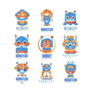 Flat vector set of abstract logo templates with robots. Artificial intelligence 스톡 일러스트