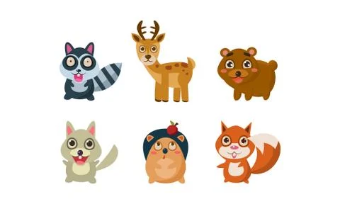 Flat vector set of adorable forest animals. Raccoon, deer, bear, wolf, hedgehog Illustrazione stock