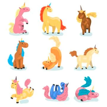 Flat vector set of adorable unicorns in different actions. Mythical animal with イラスト素材