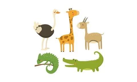 Flat vector set of African animals. Wild creatures. Cute cartoon characters Illustrazione stock