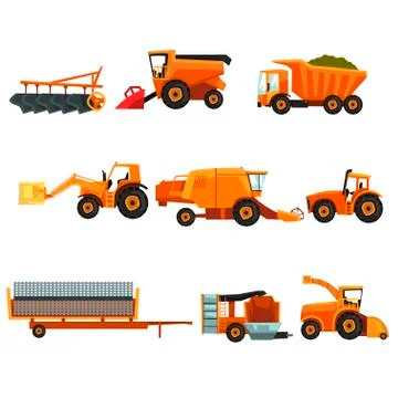 Flat vector set of agricultural transports. Rural machinery. Industrial farm Stock Illustration