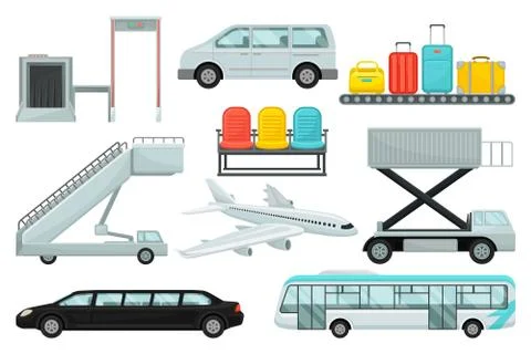 Flat vector set of airport elements. Transport, boarding stairs, carousel with イラスト素材
