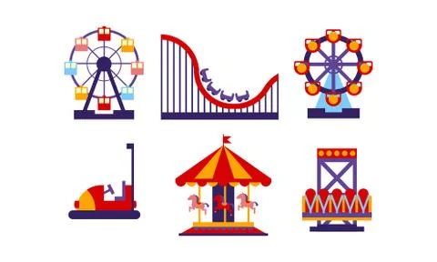 Flat vector set of amusement park elements. Funfair attractions and carousels Ilustração Stock