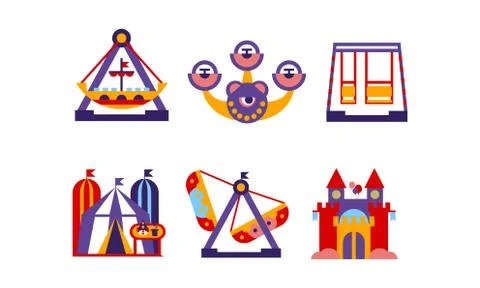 Flat vector set of amusement park elements. Funfair attractions, carousels and Stock Illustration
