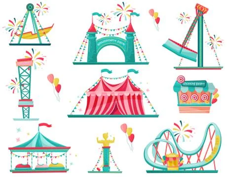Flat vector set of amusement park icons. Funfair attractions, entrance gate Ilustración de archivo