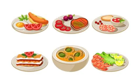 Flat vector set of appetizing dishes. Plates with tasty food for breakfast and Stock Illustration