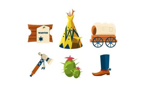 Flat vector set of attributes of wild west. Cowboy s boot, wigwam, green cactus Stock Illustration