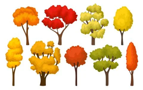 Flat vector set of autumn trees with bright leaves. Forest plants for mobile Illustrazione stock