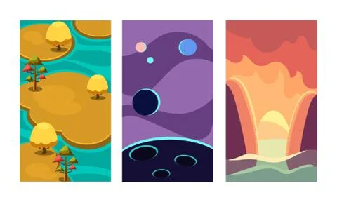 Flat vector set of backgrounds for mobile game. Scenes with islands surrounded Stock Illustration
