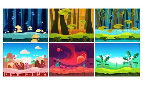 Flat vector set of backgrounds for mobile and computer game. Fantasy world Stock Illustration