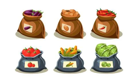 Flat vector set of bags full of fresh vegetables. Ripe eggplant, potato, hot Stock Illustration