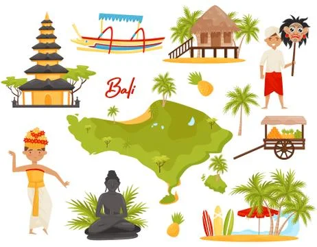 Flat vector set of Balinese landmarks and cultural objects. People, historical Ilustración de archivo