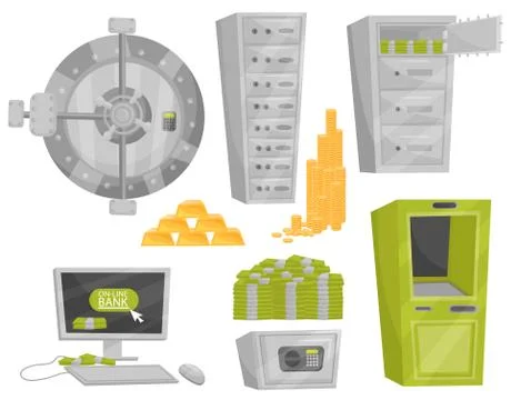 Flat vector set of bank icons. Door of safe, deposit boxes, gold bars and coins Ilustración de archivo
