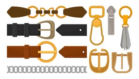 Flat vector set of belt elements. Stylish leather male and female waistbands Stock Illustration