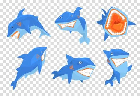 Flat vector set of big blue shark. Marine fish with sharp teeth and large fin on イラスト素材