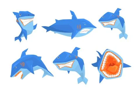 Flat vector set of big blue shark. Marine fish with sharp teeth and large fin on イラスト素材