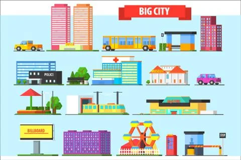 Flat vector set of big city elements. Children playground, amusement park Ilustração Stock
