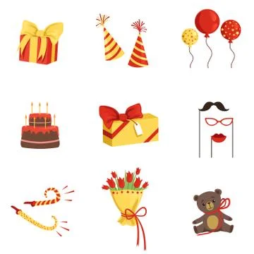Flat vector set of birthday party elements. Gifts, cone hats, glossy balloons Illustrazione stock