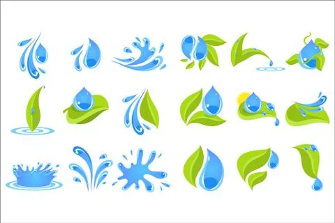 Flat vector set of blue drops and splashes with green leaves. Elements for logo Stock Illustration