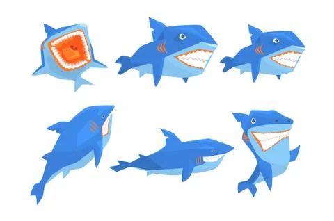 Flat vector set of blue shark in different poses. Marine animal with sharp teeth イラスト素材
