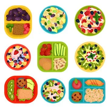 Flat vector set of bowls with fruit salads and lunch boxes with food. Healthy Stock Illustration