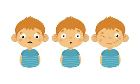 Flat vector set of boy character showing different emotions. Upset, surprised Ilustración de archivo
