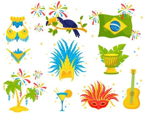 Flat vector set of Brazilian icons. Festive attributes, samba costume, toucan Ilustração Stock
