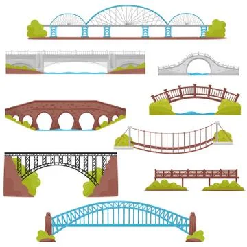 Flat vector set of brick, iron, wooden and stone bridges. Landscape elements Ilustración de archivo