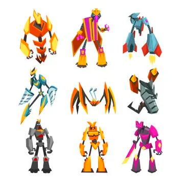 Flat vector set of bright-colored transformer robots. Futuristic monsters with 스톡 일러스트