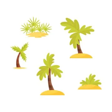 Flat vector set of bright green palms trees and bushes on sand. Tropical plants Illustrazione stock