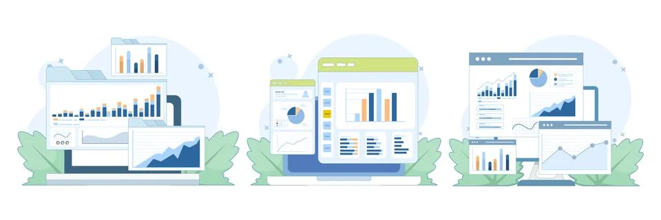 Flat vector set of business analysis with charts, reports, and data insights. Stock Illustration