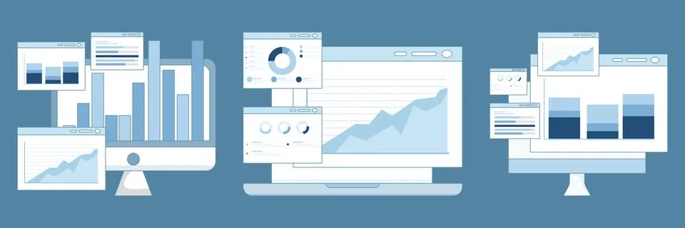 Flat vector set of business analysis with SEO optimization, analytics dashboard. イラスト素材