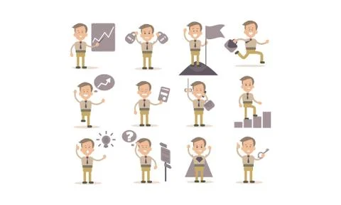 Flat vector set of businessman in different working actions. Successful office Stock Illustration