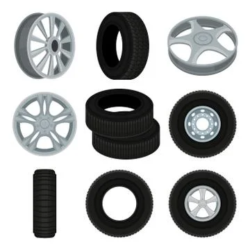 Flat vector set of car disks and tires. Alloy wheels. Elements for advertising Stock Illustration