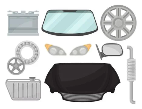 Flat vector set of car parts. Power battery, windshield, exhaust pipe, rear view Stock Illustration