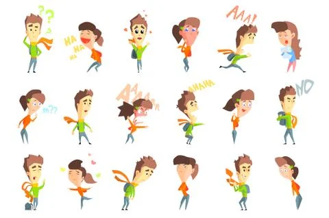 Flat vector set with cartoon boy and girl showing various emotions. Thoughtful イラスト素材