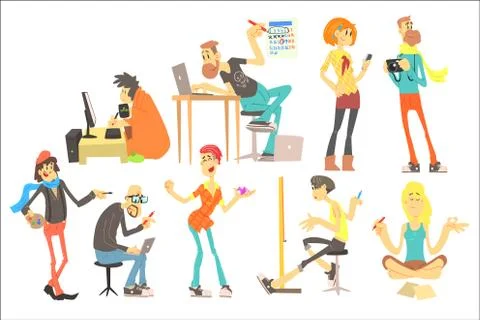 Flat vector set of cartoon creative people. Programmer, artist, illustrator Stock-Illustration