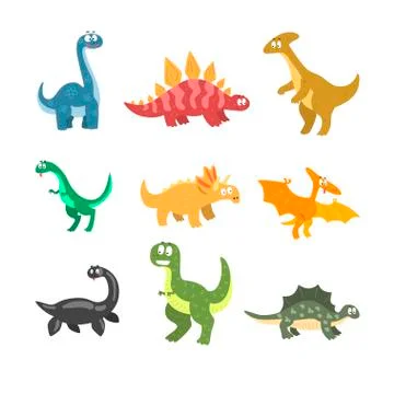Flat vector set of cartoon dinosaurs. Funny animals of Jurassic period. Elements Stock Illustration
