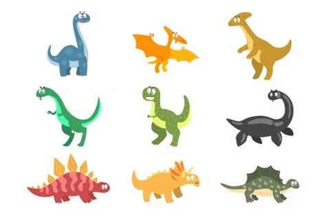 Flat vector set of cartoon dinosaurs. Funny animals of Jurassic period. Elements 库存插图