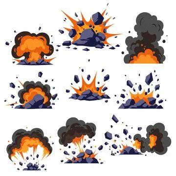Flat Vector Set of Cartoon Explosion Debris Effects for Game and Comic Design Stock Illustration