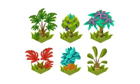 Flat vector set of cartoon fabulous plants. Nature landscape elements. Tropical Stock Illustration