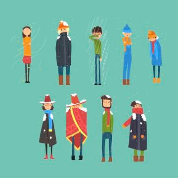Flat vector set of cartoon freezing men and women. Cold, snowy and rainy weather Stock Illustration