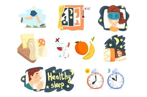 Flat vector set of cartoon infographic elements with tips and tricks for healthy 库存插图