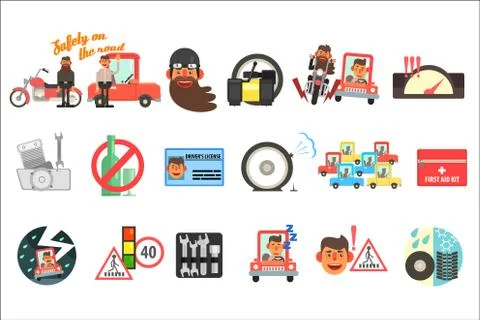 Flat vector set of cartoon items related to safety on road. Traffic codes, signs Stock Illustration