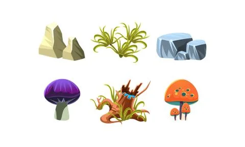Flat vector set of cartoon landscape elements for fantasy mobile game. Stones Stock Illustration