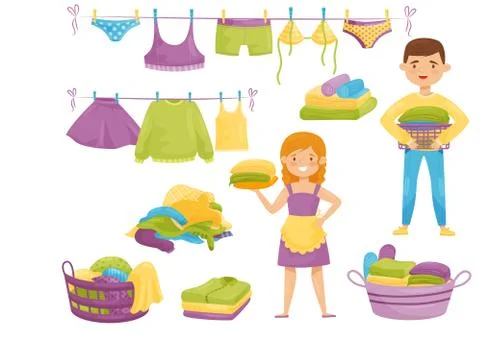 Flat vector set of cartoon laundry icons. Clean clothes on ropes, baskets with Stock Illustration