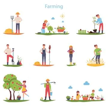 Flat vector set of character farmers working outdoors. People do gardening an Stock Illustration